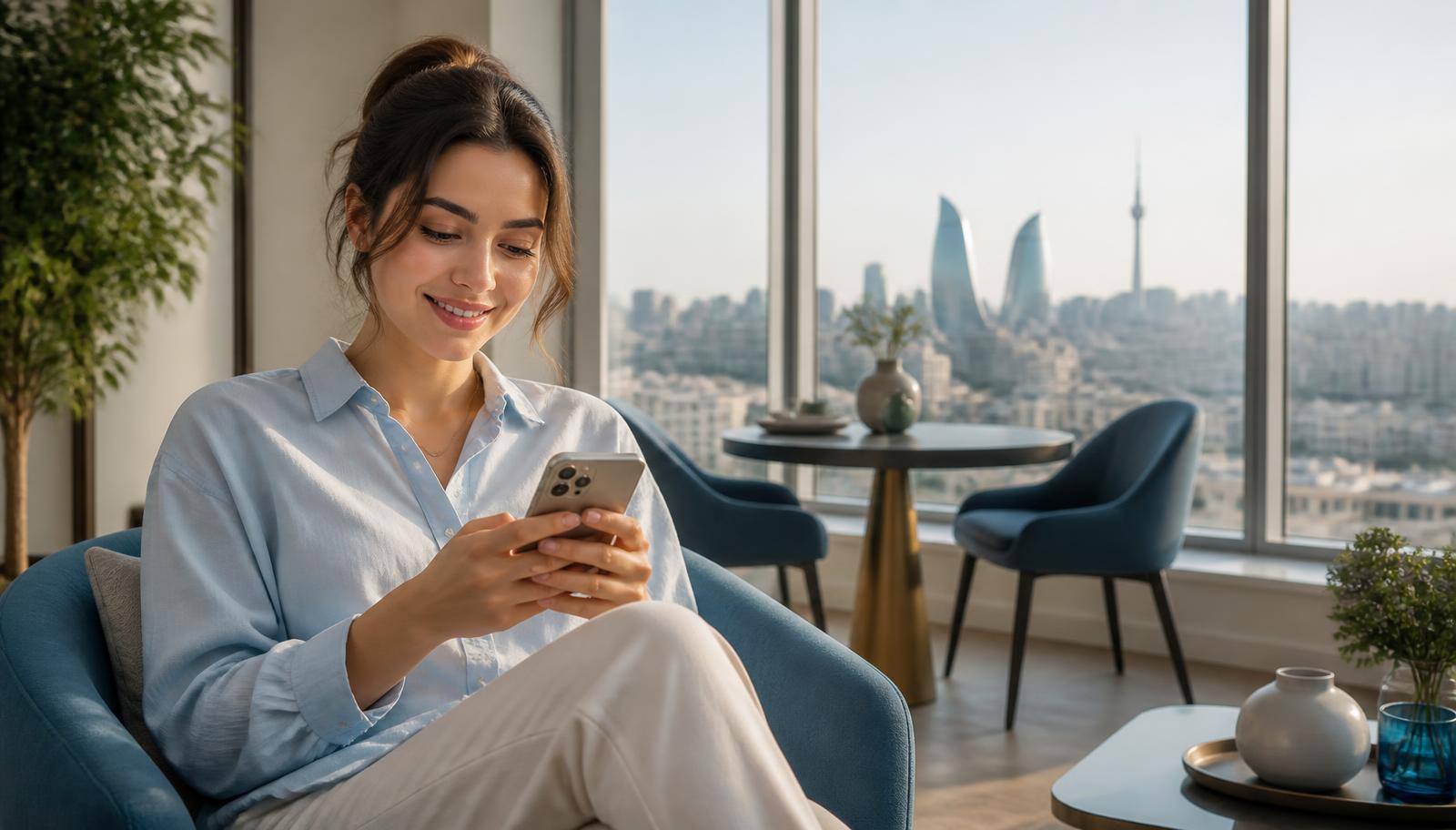 Bakıda gənc qadın telefonunda qəbul rezerv edir
